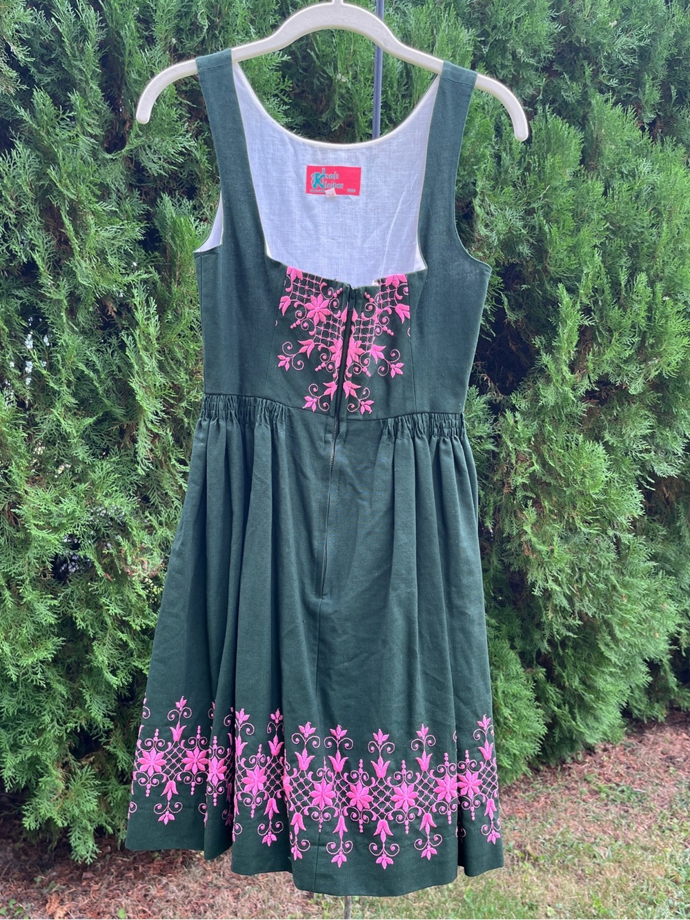Authentic Austrian Dark Green Dirndl Dress with Pink Embroidery